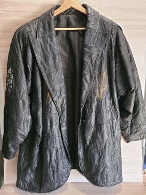 Vintage Patchwork Leather Jacket Women Oversized Black Boho 80s Quilted Coat